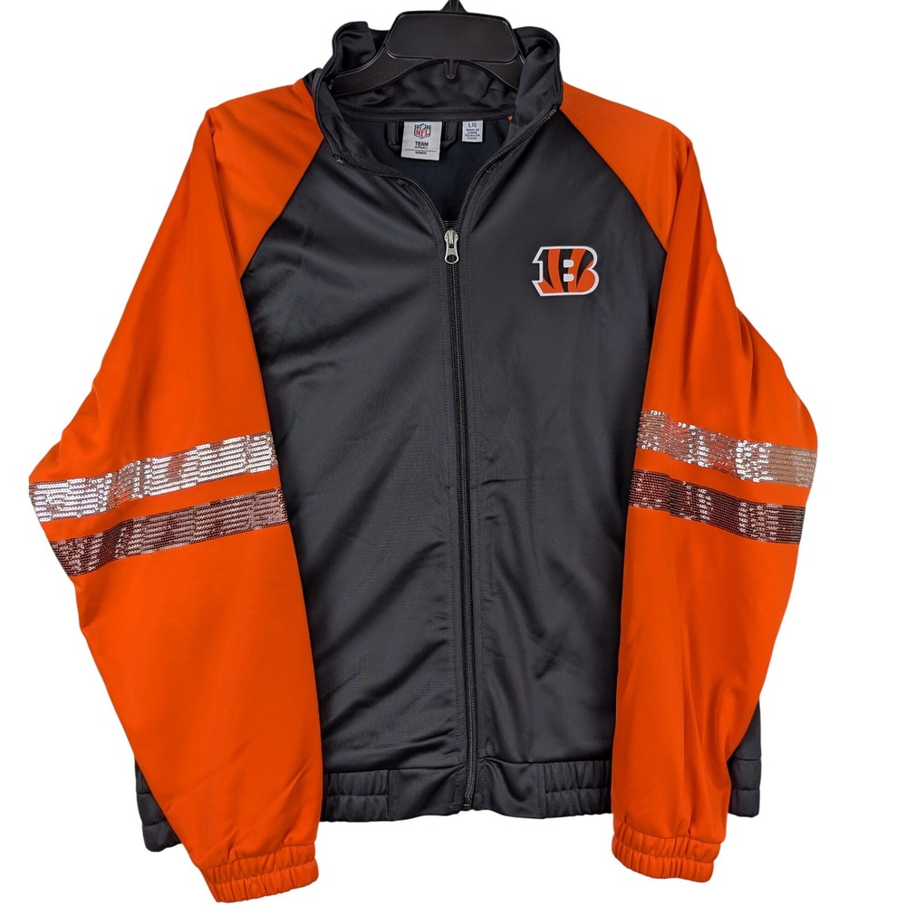 Cincinnati Bengals NFL Women's Full Zip Track Jacket Orange Black‎ Sequin L
